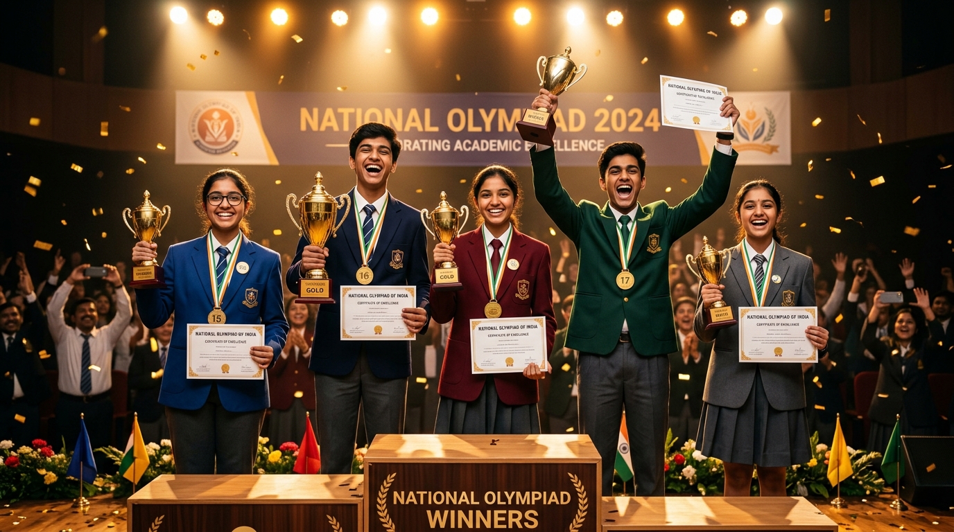 Triumphant Indian Olympiad Champions on Stage with Gold Medals and Trophies