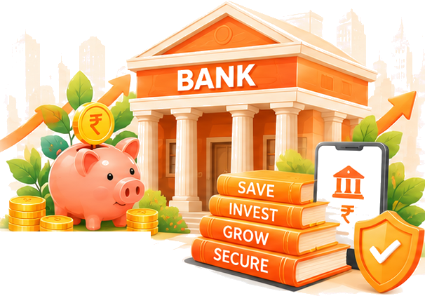 Bank, piggy bank and savings books: Save, Invest, Grow, Secure