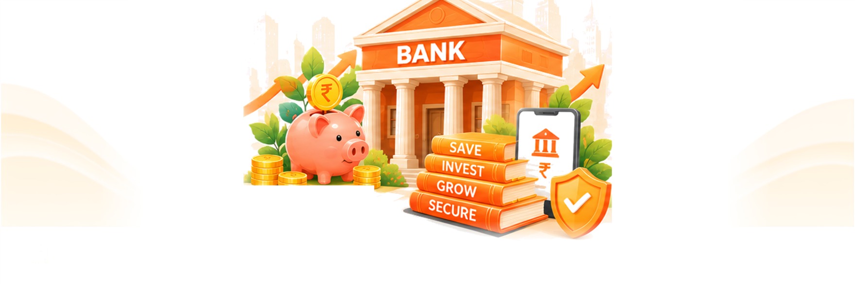 Bank, piggy bank and savings books: Save, Invest, Grow, Secure