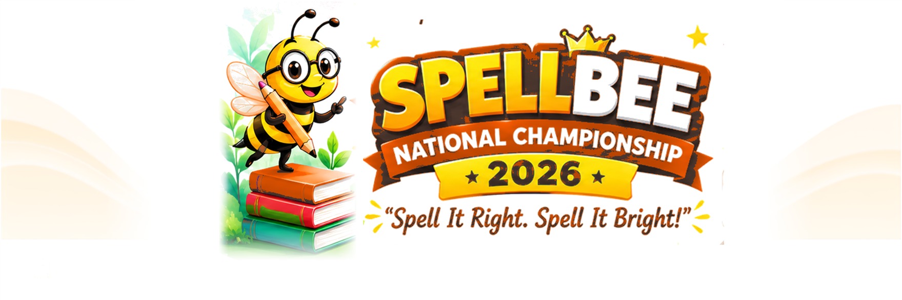 SpellBee mascot with the SpellBee National Championship 2026 logo: Spell It Right. Spell It Bright!